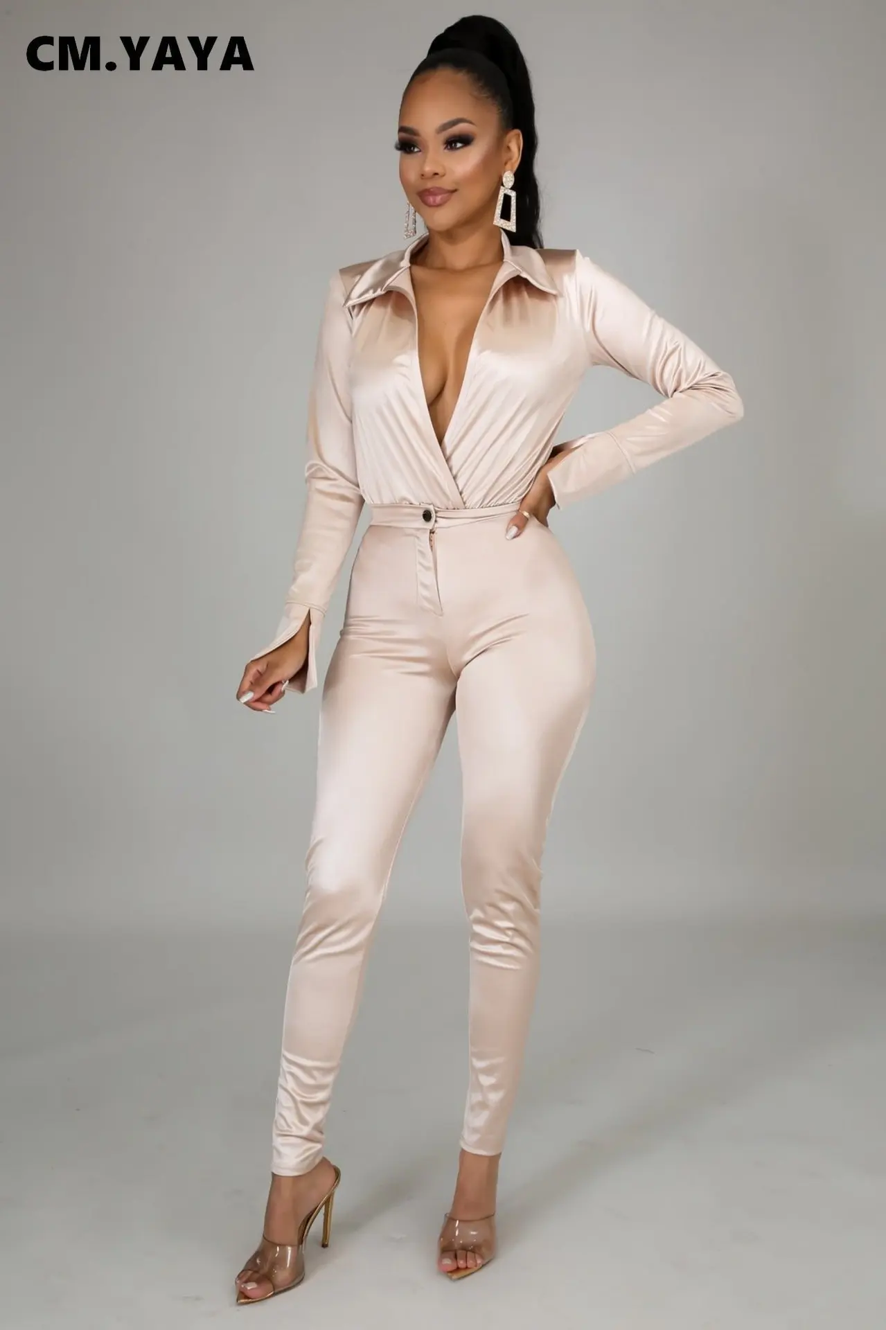 Женский Атласный Костюм CM.YAYA комплект из двух предметов рубашка с отложным