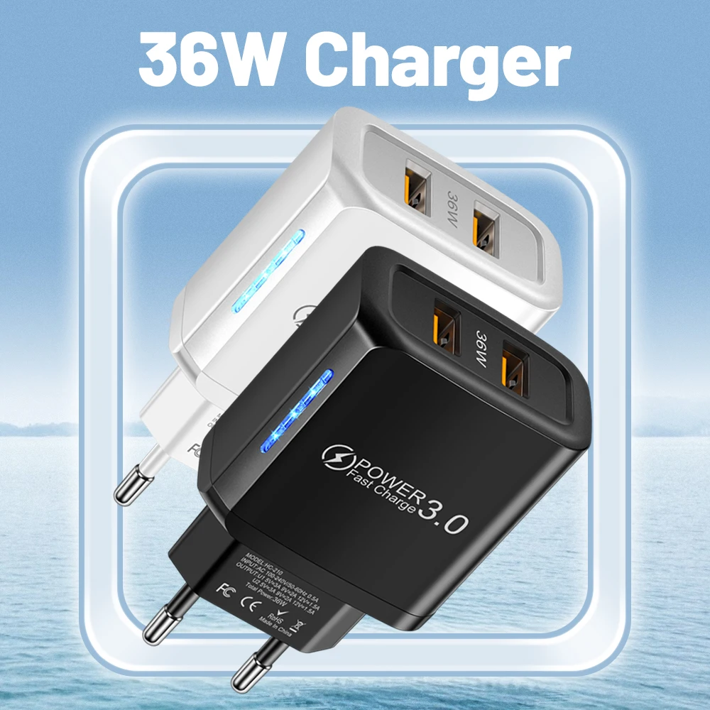 

36W USB Charger Dual Ports Fast Charging Phone Charger for iPhone 14 13 Xiaomi Samsung Wall Power Adapter Quick Charge 3.0 QC3.0