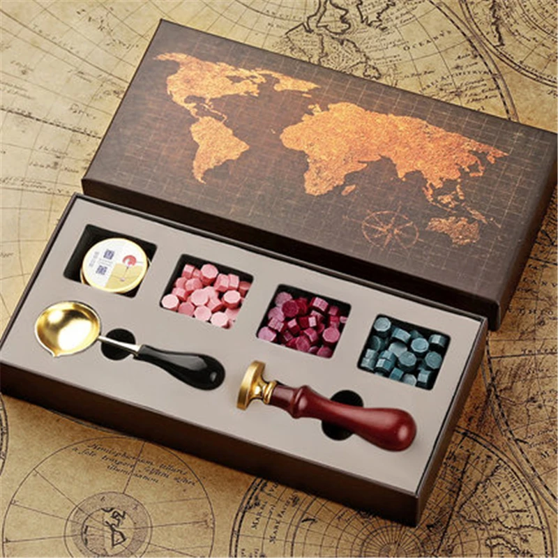 

Retro DIY World Map Stamps Wax Seal Box Kit Sealing Beads Stamp Set Envelope Wedding Packaging Gift Postcard Hobby Cards Arts