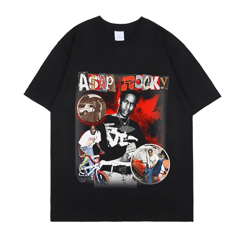 Hip Hop Cotton Mens T-shirt Hot Sale ASAP Rocky Portrait Graphic Aesthetics Summer Clothing Oversized Harajuku Short Sleeve Tees images - 6