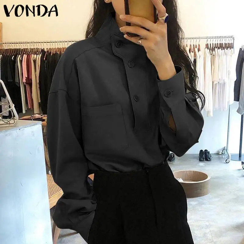 

Топы, женские блузки VONDA 2022, весна-осень, однотонные Топы с длинным рукавом и высоким воротником, повседневные женские блузки с воротником-ст...