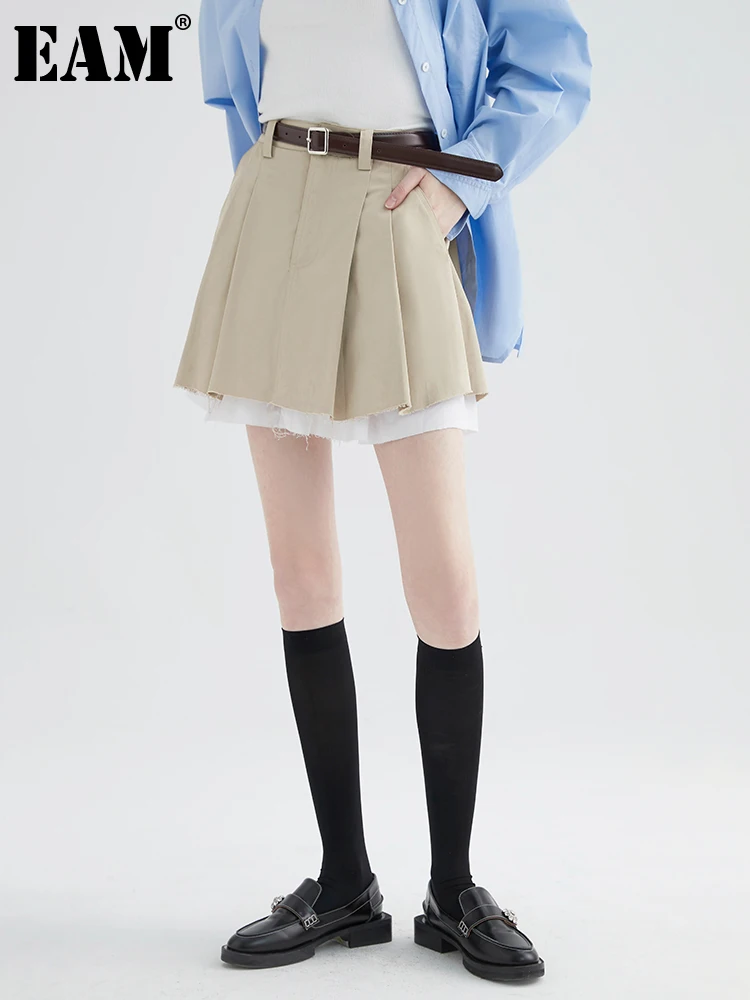 

[EAM] High Waist Khaki Color-block Pleated Mini Casual Half-body Skirt Women Fashion Tide New Spring Summer 2022 1DE6784
