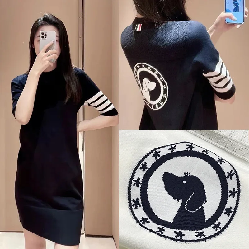 

High Quality Korean Fashion TB Four-bar Striped Puppy Crewneck Short Sleeve Knit Skirt French Flair Midi Dress