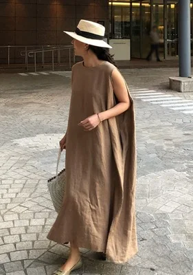 

S-XL Korean Style Cotton Linen Women Dress Casual Sleeveless Vestidos Female O Neck Split Maxi Robe Sundress