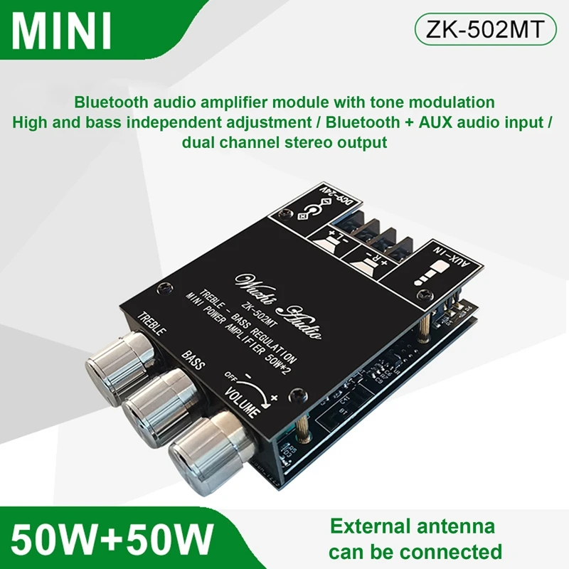 

1 Set BT5.0+AUX 50Wx2 High And Low Bass Adjustment 2.0 Stereo ZK-502MT Bluetooth Audio Amplifier Board