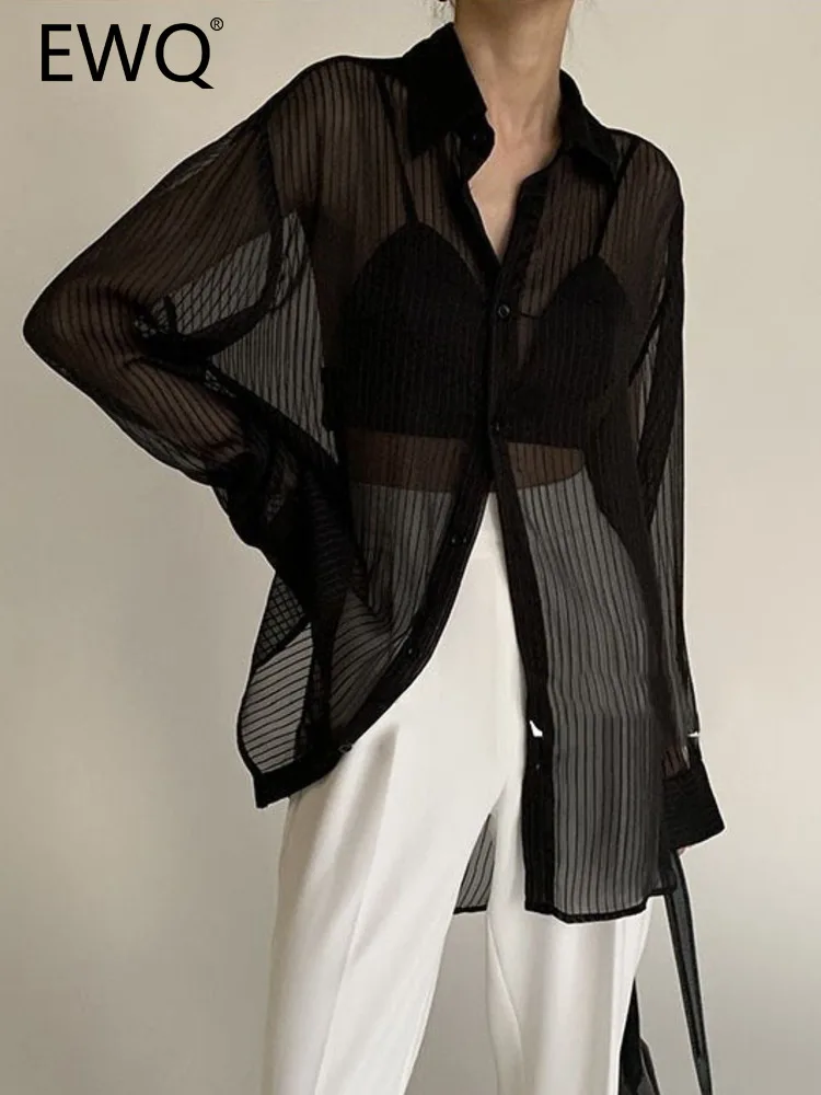 

Женская Полосатая Рубашка с защитой от солнца EWQ, модная однобортная блузка с отворотом и длинным рукавом, 26D3550, Новинка лета 2023