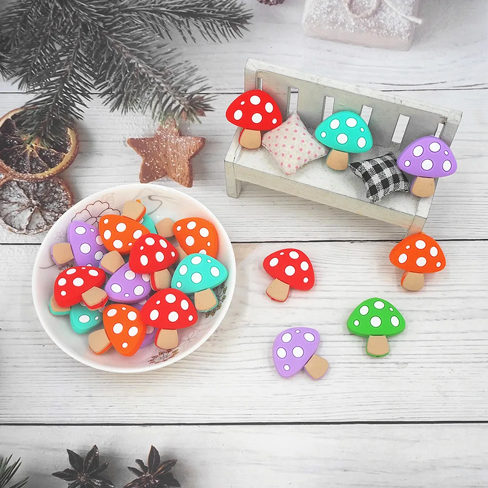 

Chenkai 50pcs Cartoon Silicone Beads Mushroom Shape Beads BPA Free Infant Chewable Dummy Necklace Pacifier Toy Gift Accessories