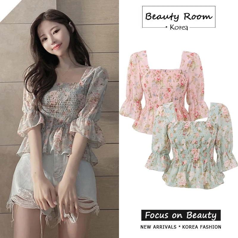 

Женская шифоновая рубашка с цветочным принтом, квадратным вырезом и оборками