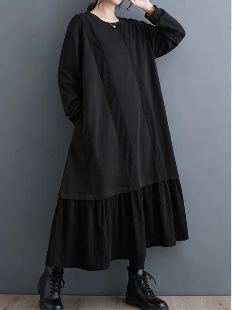 # 3720 осенне-зимнее черное платье-свитшот женское вельветовое платье