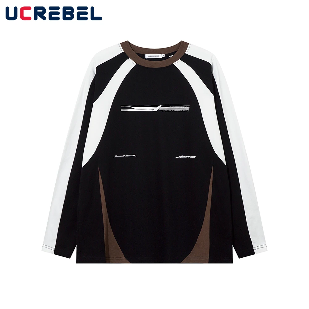 

Футболка мужская с длинным рукавом, хлопок, круглый вырез, контрастные панели, Повседневная Уличная одежда, Ретро стиль, осень