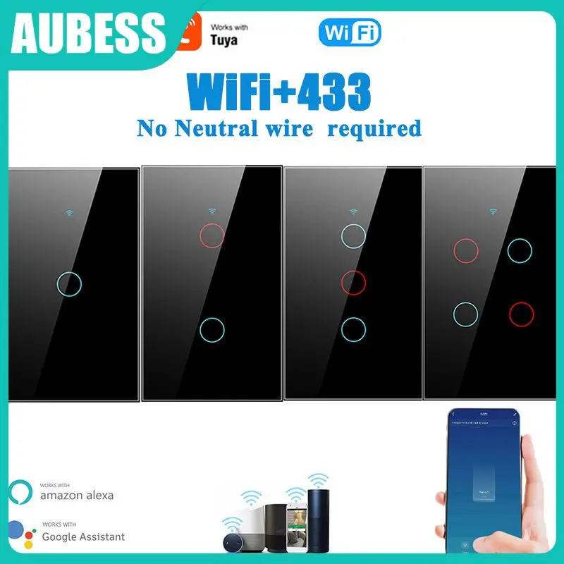

Сенсорный переключатель wi-fi Rf433, 10 а, 2/3/5 шт., беспроводной переключатель, 1/2/3/4 клавиши, закаленное стекло, настенная панель, нейтральный прово...