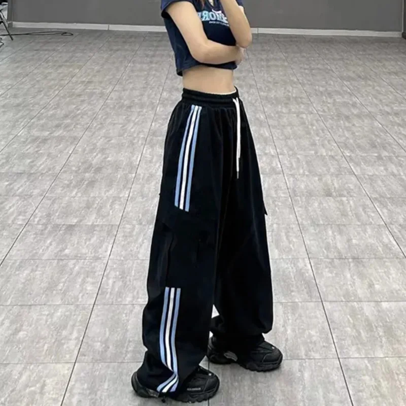 

Y2K Striped Cargo Pants Women Hip Hop Streetwear Sweatpants Baggy Joggers Bf High Waist Loose Drawstring Wide Leg Trousers