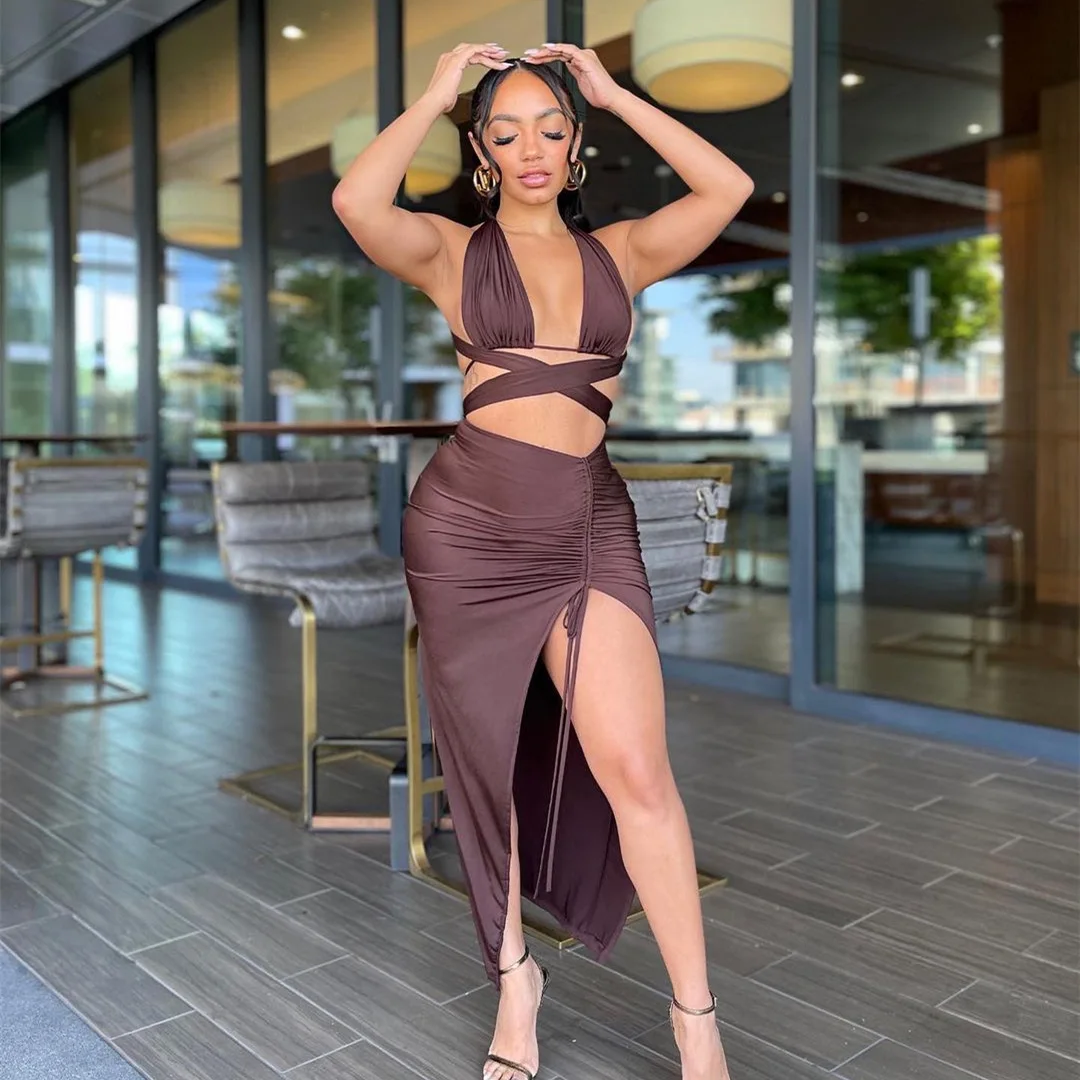 

Новинка лета 2023, женские сексуальные платья на шнуровке с воротником-хомутом и вырезами для ночного клуба и вечеринки, платья