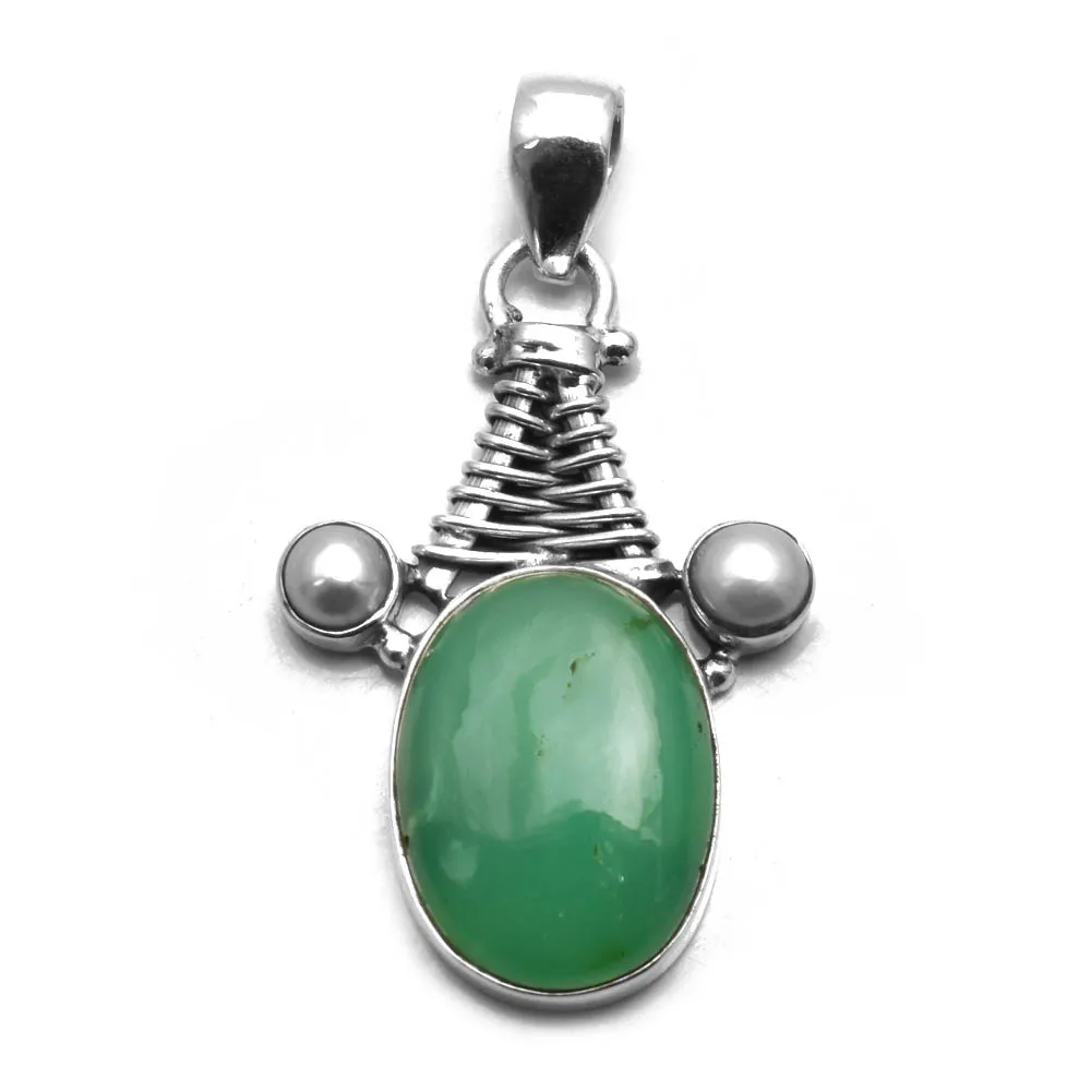 

Genuine Chalcedony + Pearl Pendant 925 Sterling Silver, Women Jewelry Gift , 42 mm， AP9085