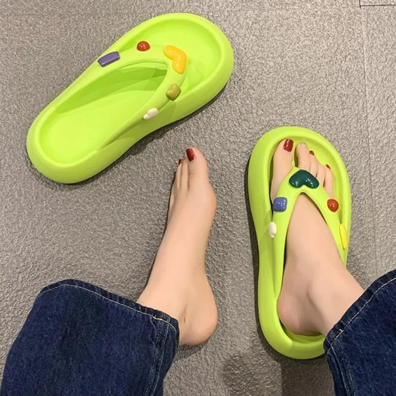 Women Love Gems Decor Beach Slippers Sweet Casual Flip Flops Summer Platform Outdoor Non-Slip Soft EVA Slides Fashion Home Shoes