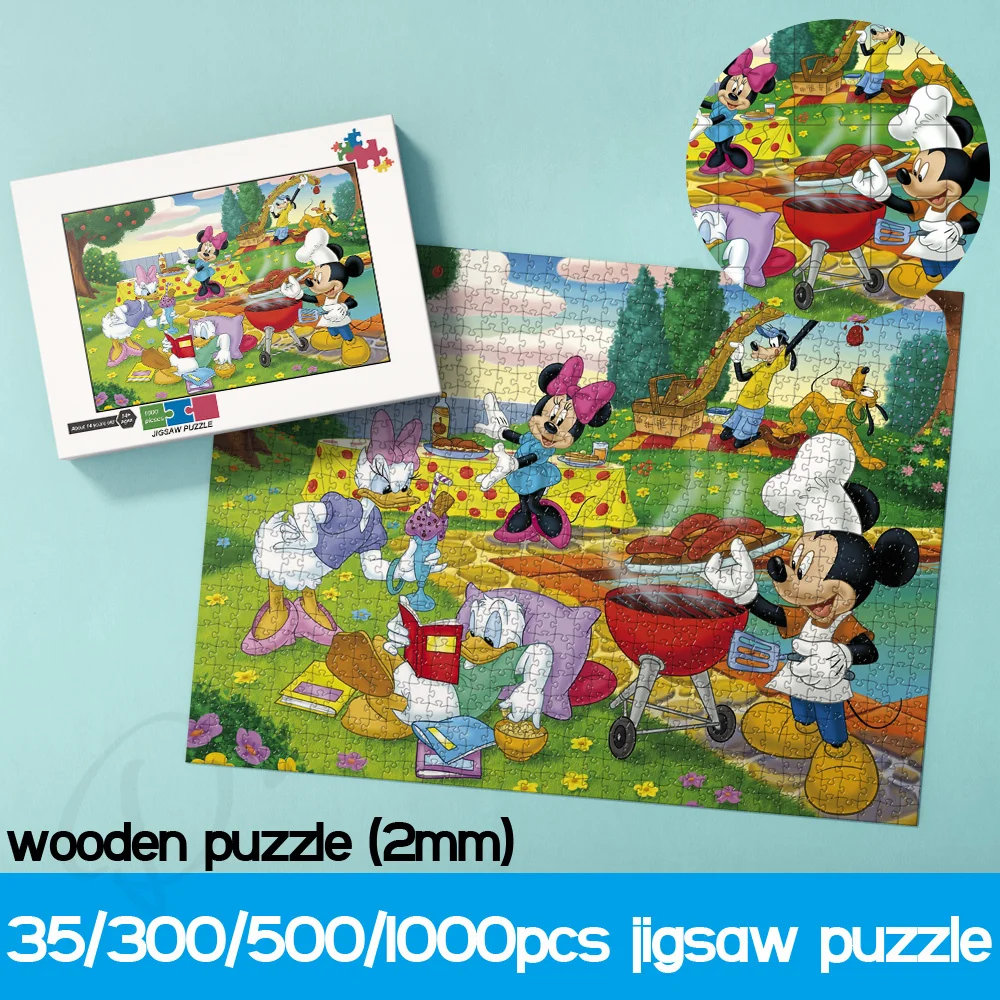 

35 300 500 1000 Pieces Disney Cartoon Jigsaw Puzzles Mickey Family Wild Bbq Party Wooden Box Puzzles Funny Unique Gift for Kids