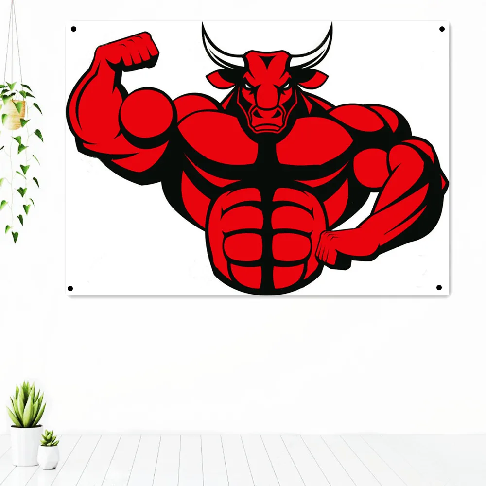 

Biceps Powerful Bull Fitness Workout Tapestry Wall Hanging Painting Exercise Motivational Poster Wall Art Banner Flag Gym Decor