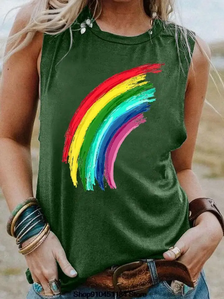 

New Funny Sleeveless Women Harajuku T-shirt Rainbow Style Print Summer Sexy Loose Tees Femme Round Neck Top Casual Clothes