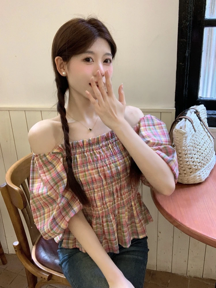 

Summer New 2023 Girlish Cotton Sweet Plaid Crop Tops Half Sleeves Korean Style Youthful Lovely High Street Slim Fit Blouses