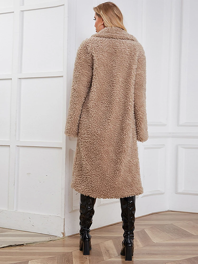 Women Winter Lapel Collar Fake Fur Teddy Overcoat Female Casual Thick Warm Long Coat Lady Loose Outdoor 2022 New Windbreaker