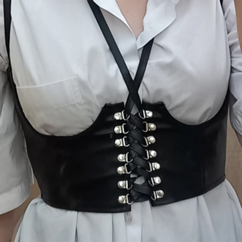 

Черный широкий корсет, пояс для женщин, женский бандаж из искусственной кожи на шнуровке в стиле панк, бюстье, Женский Готический облегающий...