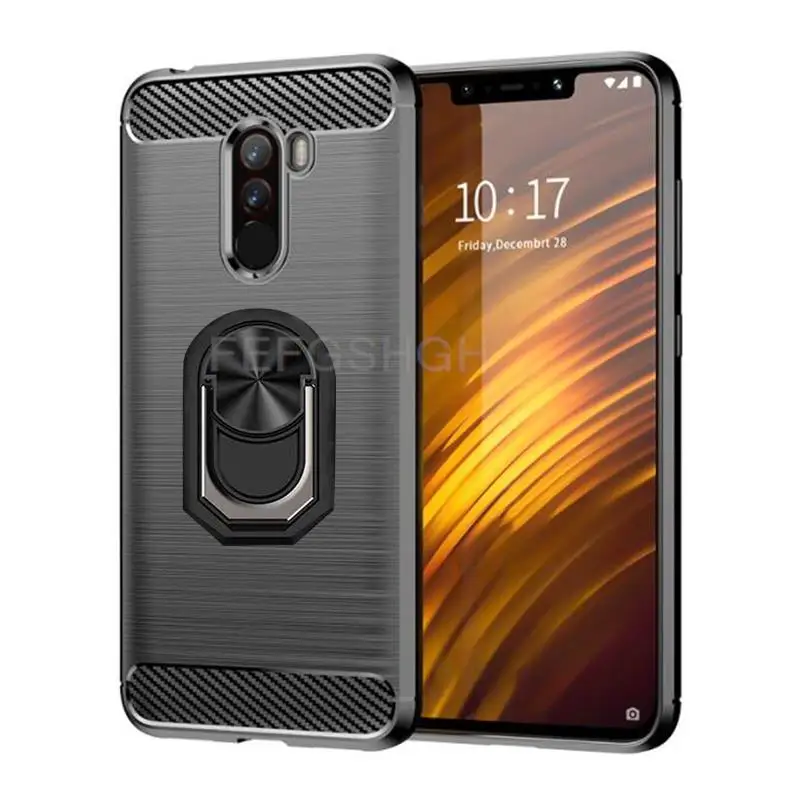 

Carbon Fiber Brushed Soft Protective Case For Xiaomi Pocophone F1 Ring Stand Holder Shockproof Phone Cover