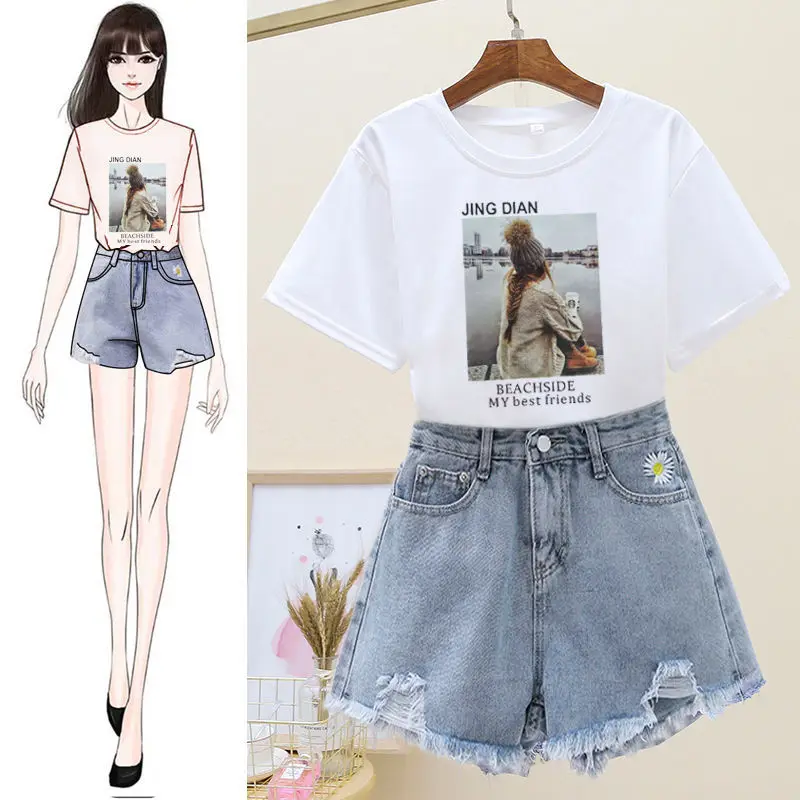 

Summer New Elegant Women's Shorts Set Short Sleeve T Shirt Denim Shorts Two Piece Sets Fashion Womens Outfits Pants Sets E15