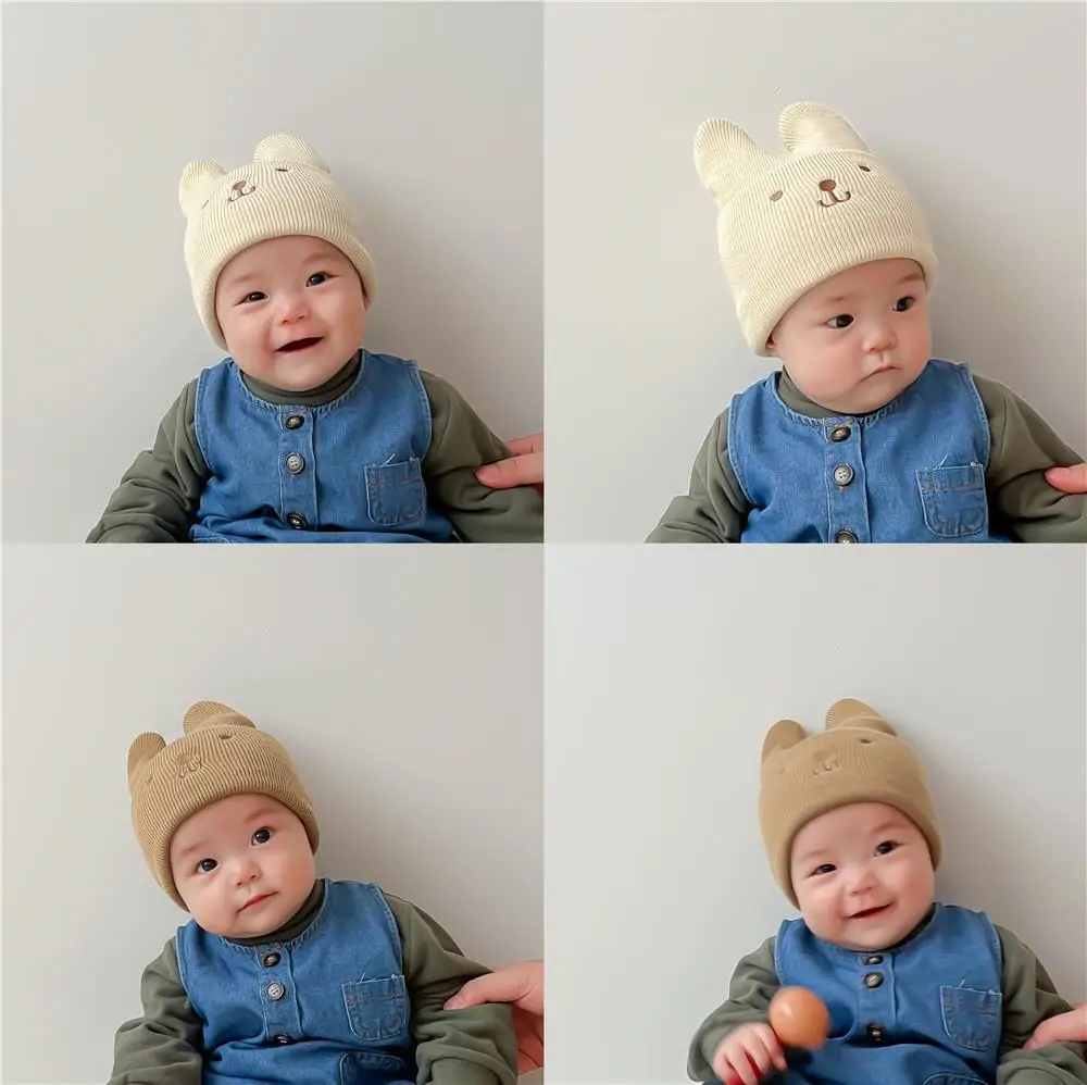 

Детская трикотажная шапка в Корейском стиле с милым медведем, шапка с защитой ушей для новорожденных, мягкая Зимняя шерстяная шапка для мальчиков и девочек