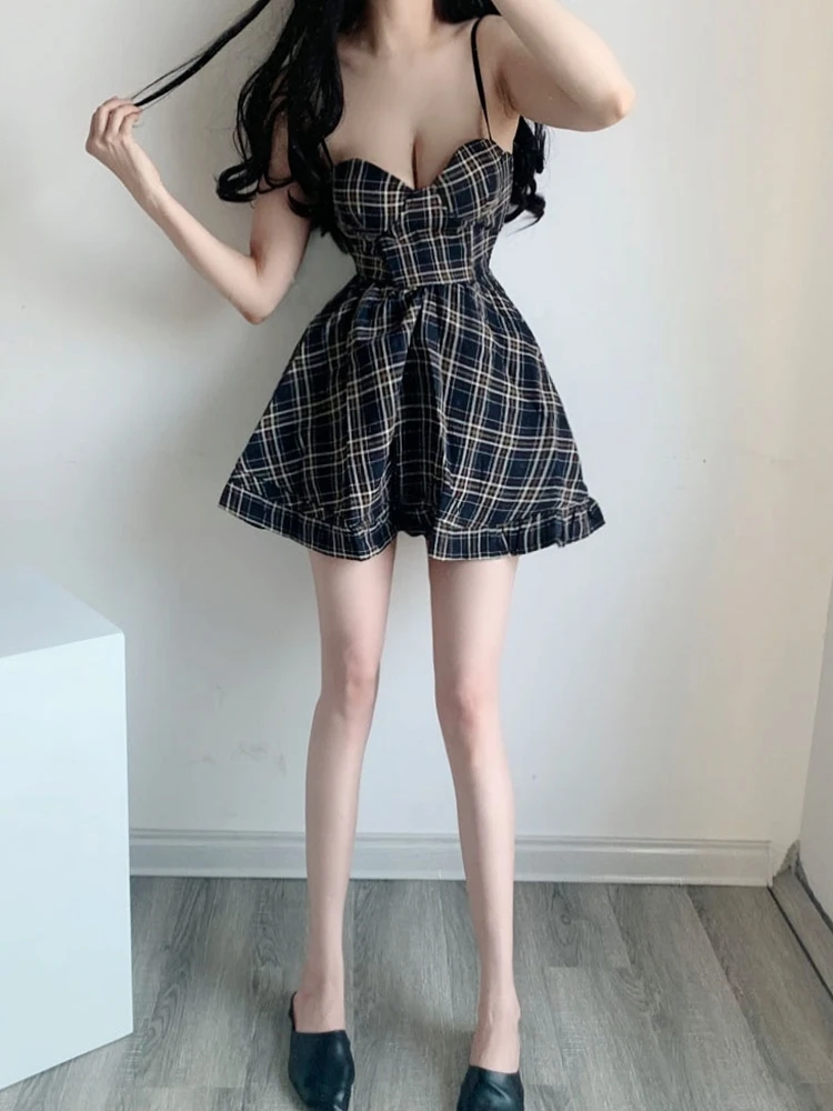 Женское платье на бретельках винтажное в клетку стиле ретро без рукавов E194 лето