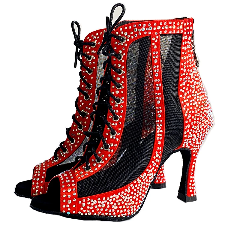 Indoor Dance Shoes Red Satin Rhinestones Ballroom Latin Dance Shoes Suede Outsole Cuban Heel 9cm Heel Bachata Salsa Party Shoes