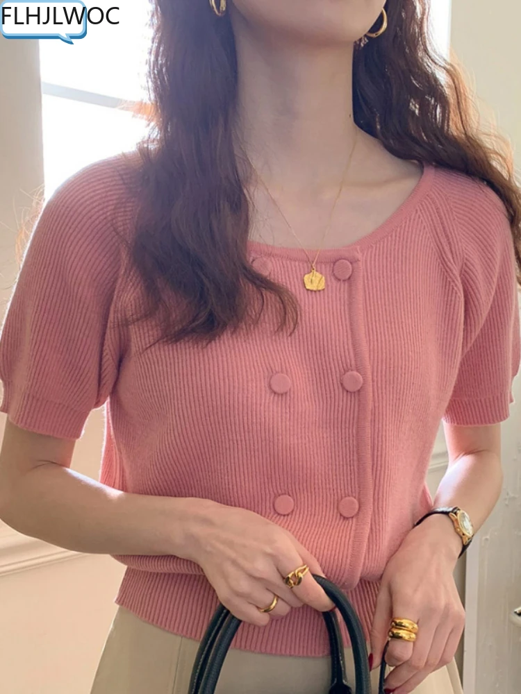 2022 Summer Woman Chic Korea Japan Girls New Design Short Crop Knit Tops Casual Loose Cute Sweet Jumper Sweater Pullovers 3330