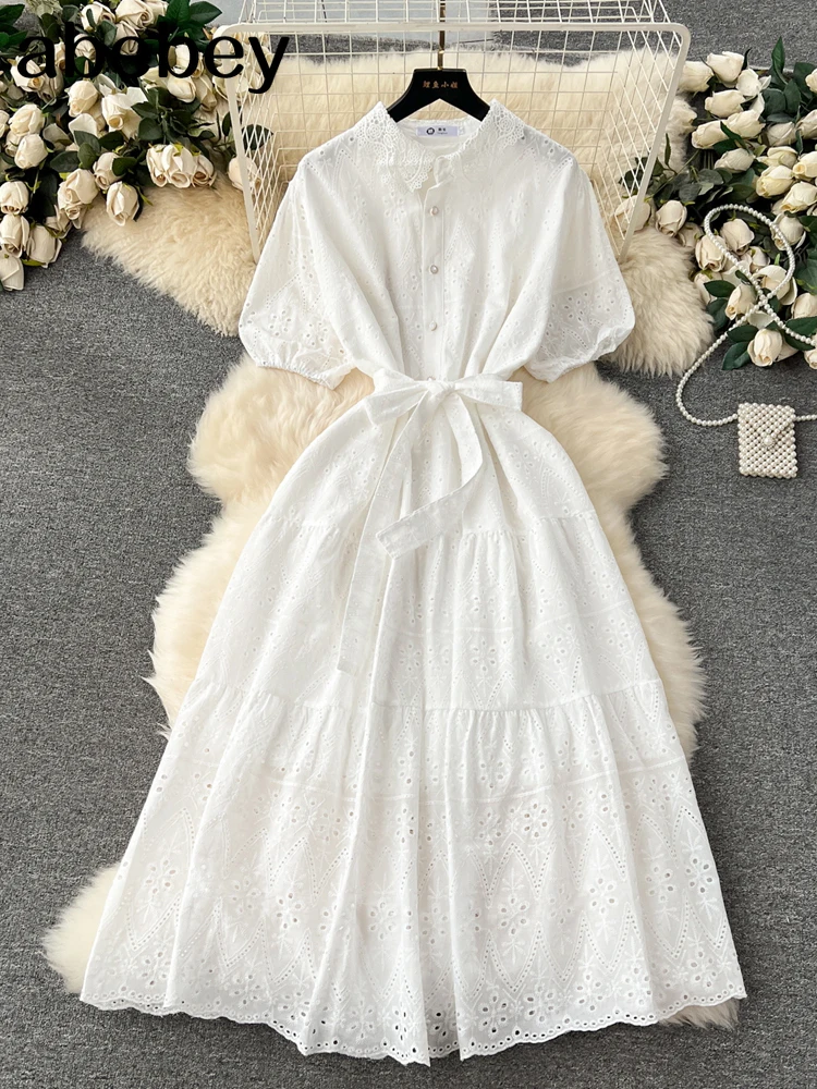 Женское платье-миди с V-образным вырезом коротким рукавом-фонариком и высокой