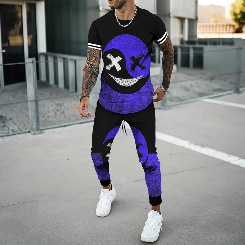 Joogers Men's Tracksuit Smiley Pattern 3D printed short-sleeved T-shirt trousers Casual Summer Men 2 Piece Sets Sport tshirts