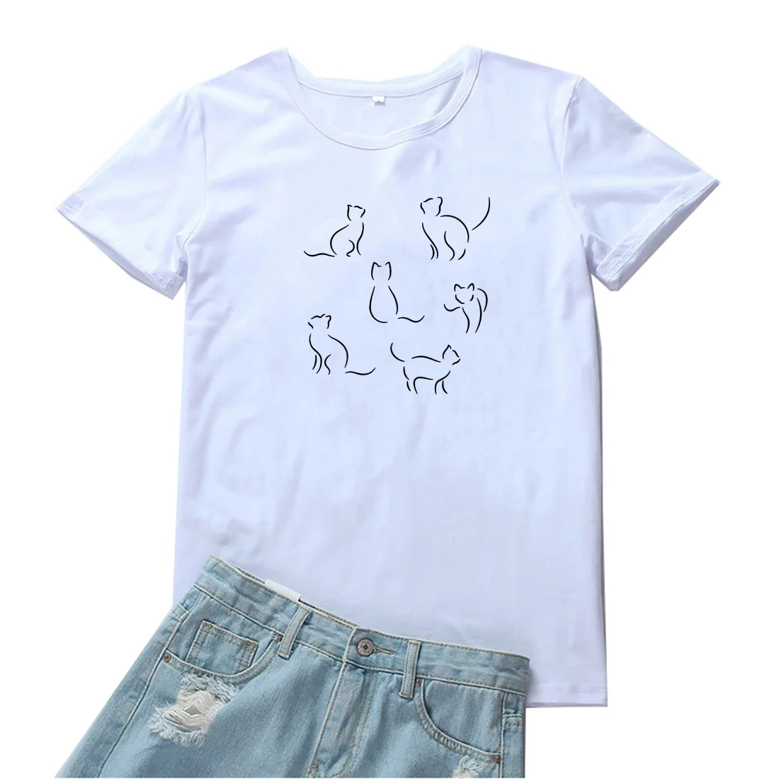 

Simple Strokes of Cats Tees Women Pattern Short Sleeves T Shirt Women