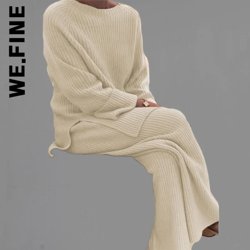 We.Fine Casual Two-piece Sweater Long Sleeve Top Thick Sweaters Women Long Sleeve Solid Color Knitted Winter Women Two-piece