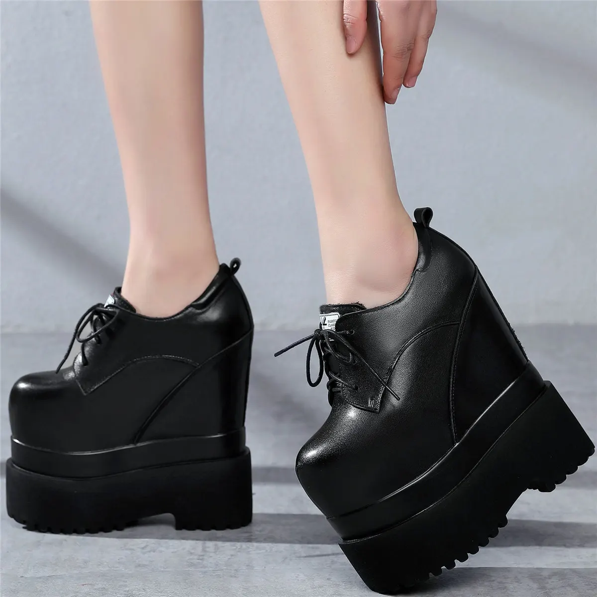 Fashion Sneakers Women Lace Up Genuine Leather Super High Heels Ankle Boots Female Round Toe Chunky Platform Pumps Casual Shoes