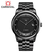 carnival mens watches fashion all steel automatic mechanical relogio masculino calendar display all black dial waterproof clock