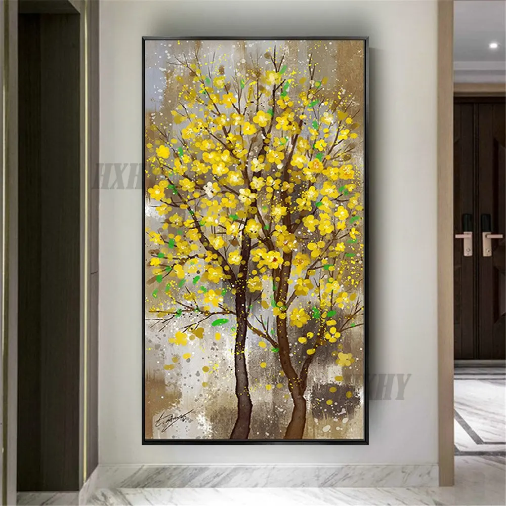 

Morden Large Canvas Wall Art Yellow paint Wall Pictures Handpainted Flowers Tree Abstract Oil Painting For Live Room Home Decor