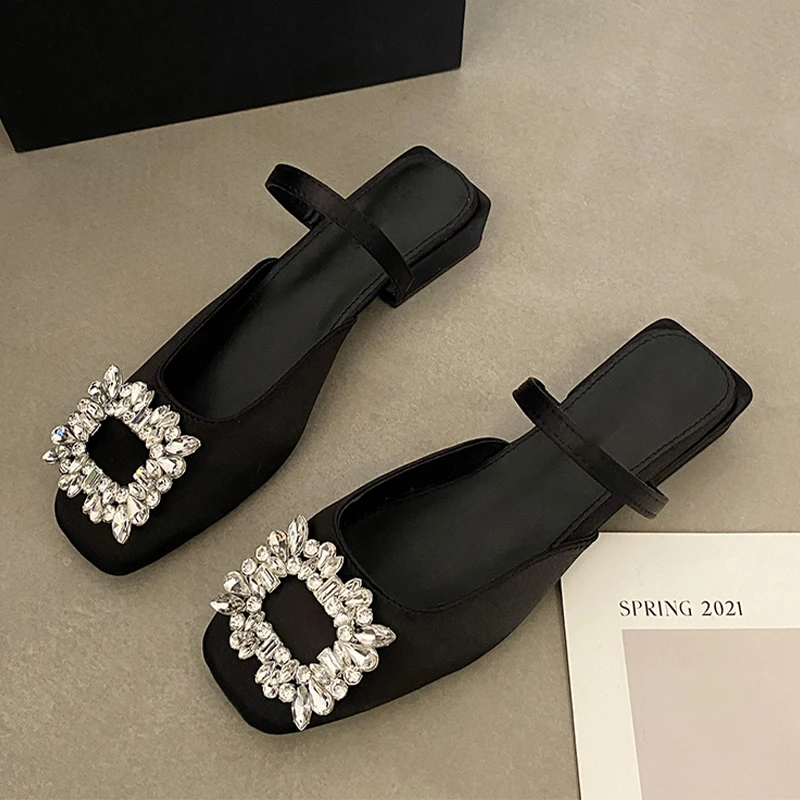 

Luxury Crystal Women Slippers Summer Fashion Slingback Shoes Square Toe Dress Sandals 2023 New Casual Slides Women Flip-flops