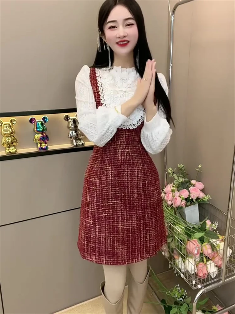 The Same Model as Online Celebri Fashion Western Sle Graceful Dress Women Winter Lace Stitching Design Waist Hugging Slim... |