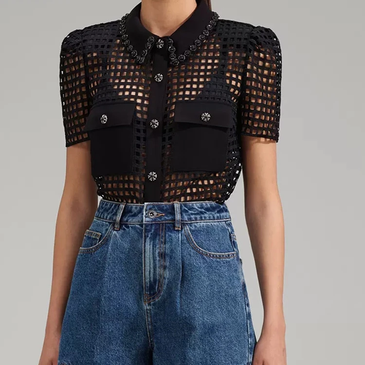 

Женская ажурная блузка с коротким рукавом, черная блузка с отложным воротником, лето 2023