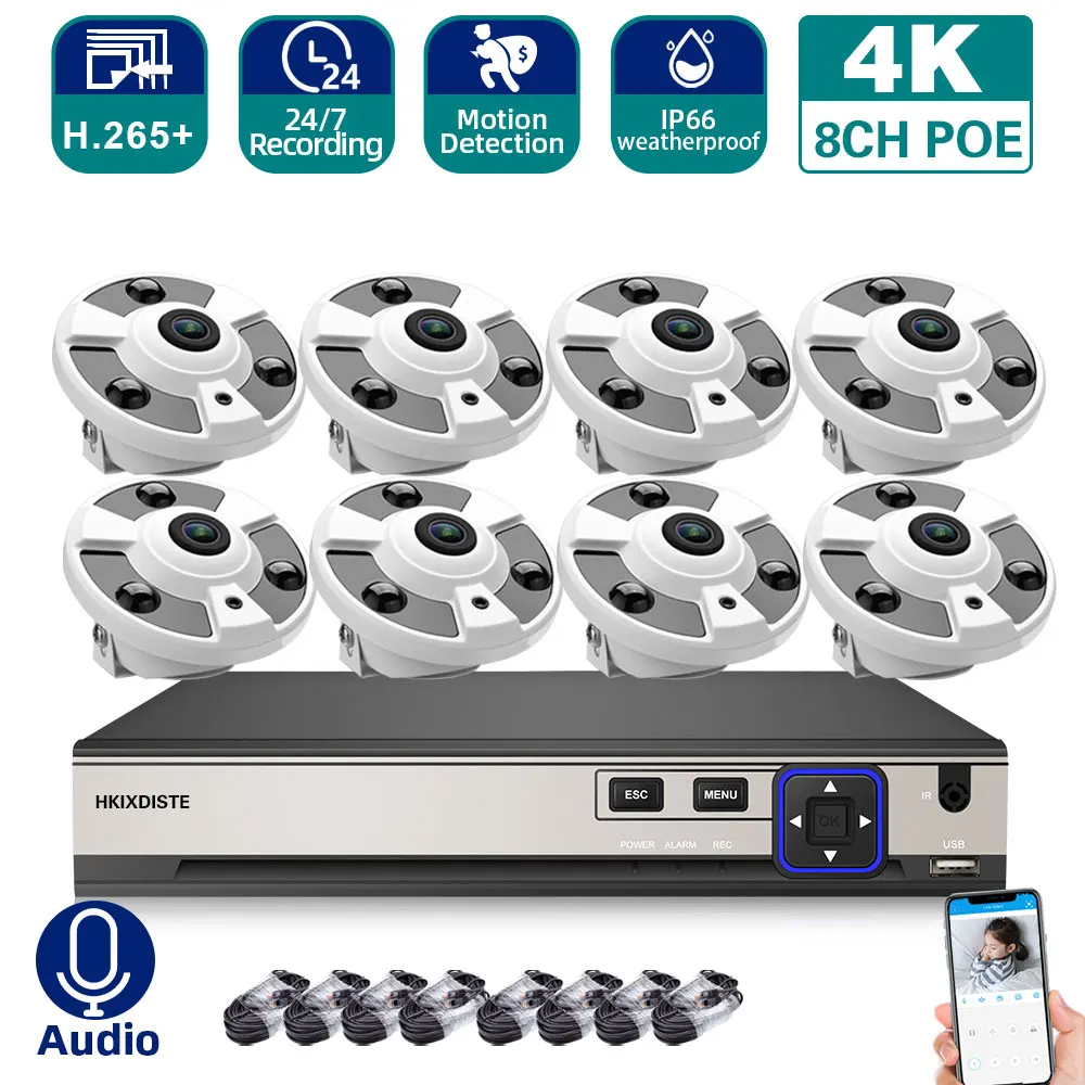 

8 Channel CCTV IP Monitoring Camera System 4K 8CH POE NVR Kit Outdoor 360 Panoramic Camera POE Security Surveillance Set 4CH 8MP