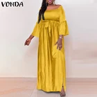 Элегантное пикантное платье VONDA с квадратным вырезом 2022, женское повседневное мешковатое вечернее платье с расклешенным рукавом, плиссированное длинное Атласное Платье макси с поясом