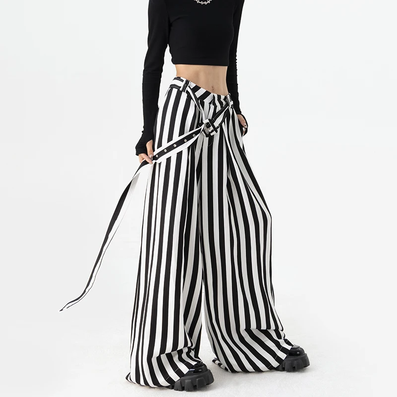 Black and White Striped  Pants Women's Spring and Autumn Design Sense Niche Mop Wide Leg Pants Draping Effect Casual Suit Pants