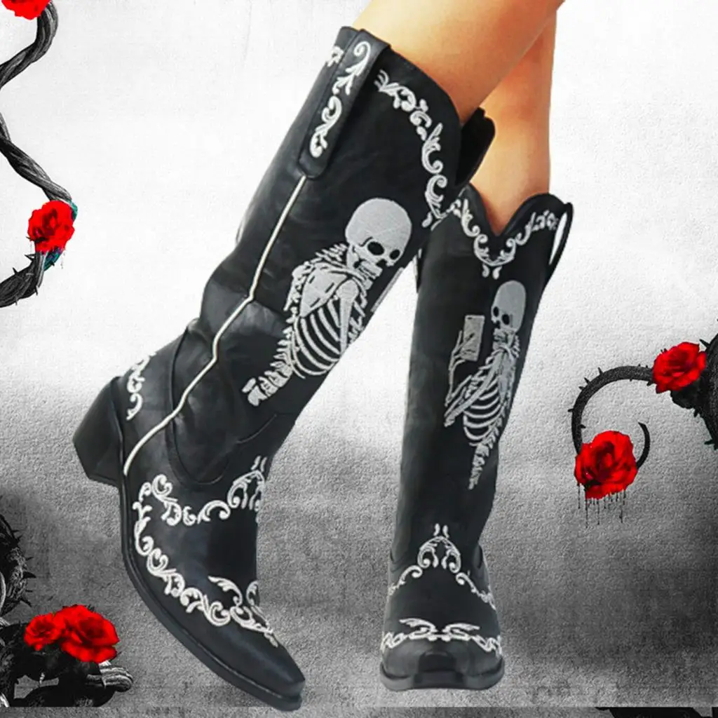 

Women Skull Skeleton Selfie Cowboy Western Mid Calf Boots Pointed Toe Slip-On Stacked Heel Goth Punk Autumn Shoes Brand Designer