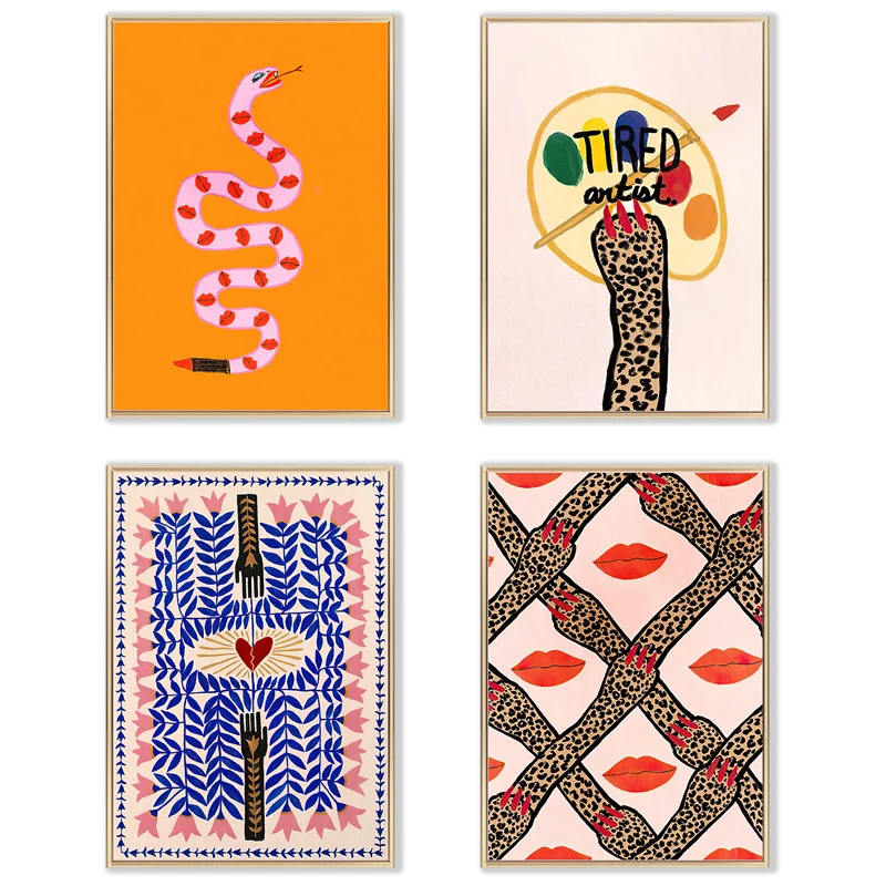 

Abstract Lipstick Snake Leopard Hands Canvas Painting Nordic Animal Posters and Prints Wall Art Pictures for Living Room Aisle
