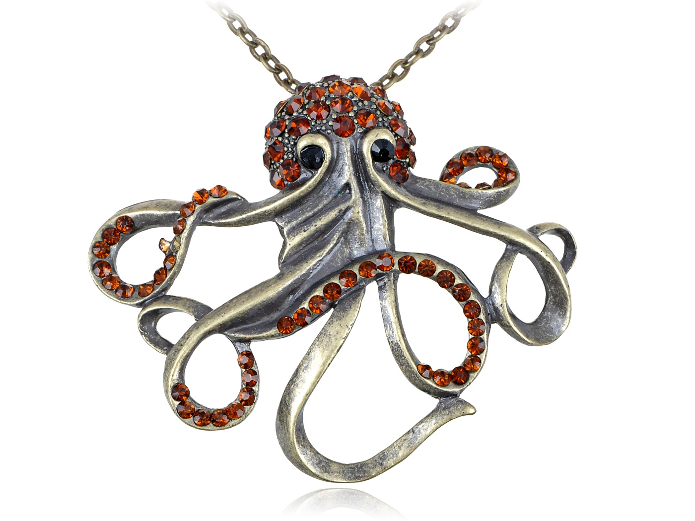 

Antique Brass Tone Smoked Red Topaz Colored Rhinestones Octopus Steampunk Pendant Necklace