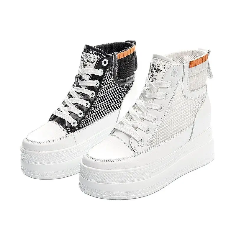 

Women White Leather High Top Sneakers Platform Lace Up Mesh Boots Summer Shoes