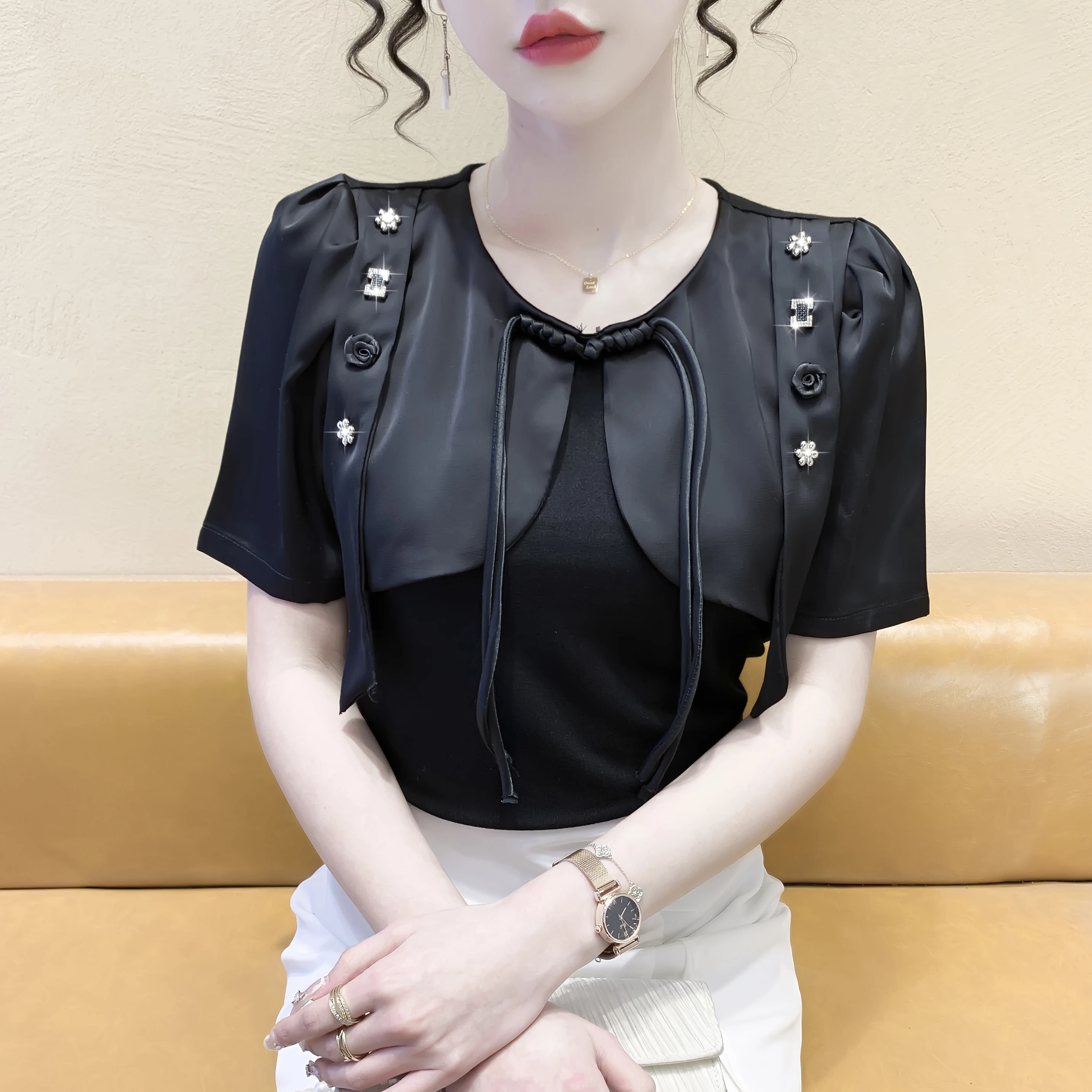 

Woman Tshirts 2022 Summer O-neck Slim Diamonds Spliced Cape Harajuku Tops T-shirt Solid Color Elegant Tees Shirts 6522