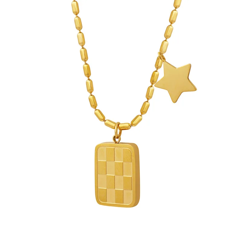 

Stainless Steel Stars Square Pendant Necklace Chain Women Waterproof Jewelry Trendy Metal 18 K Plated Collar Gold Texture Gift